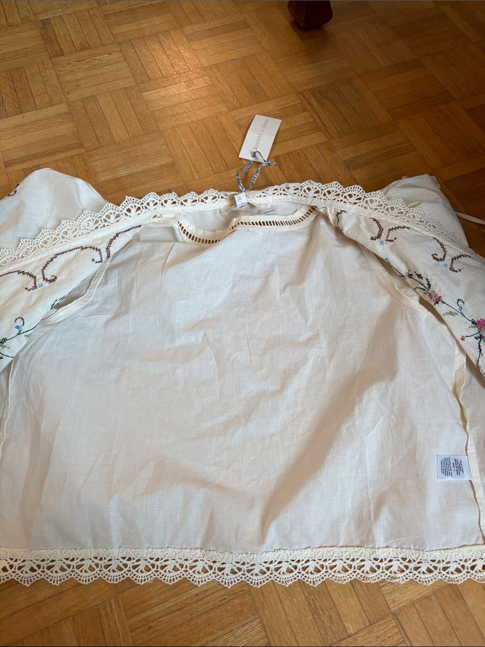 Jennifer & Grace Women’s Cream Embroidered Lace-Trim Tie-Front Top - Picture 7 of 10